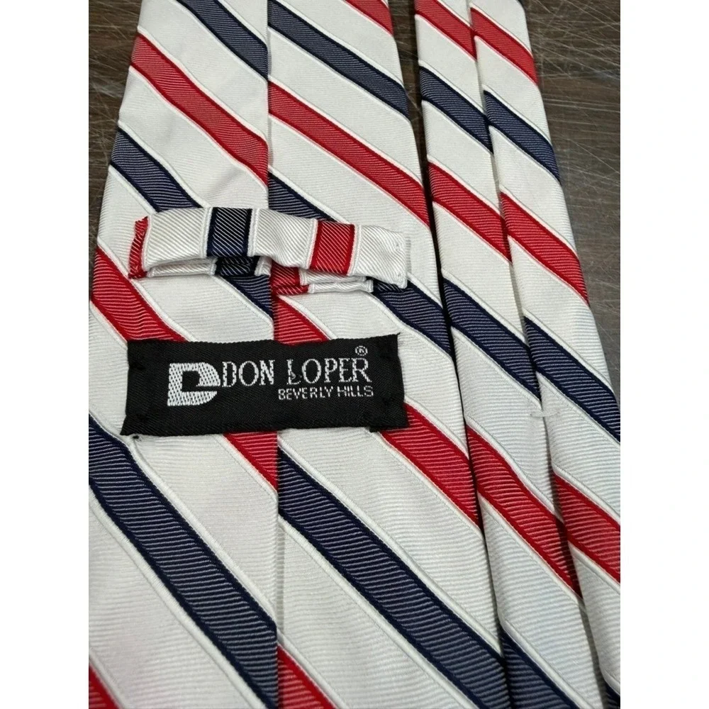 Don Loper Beverly Hills Mens Red White Navy Blue Striped 100%‎ Silk Necktie USA!